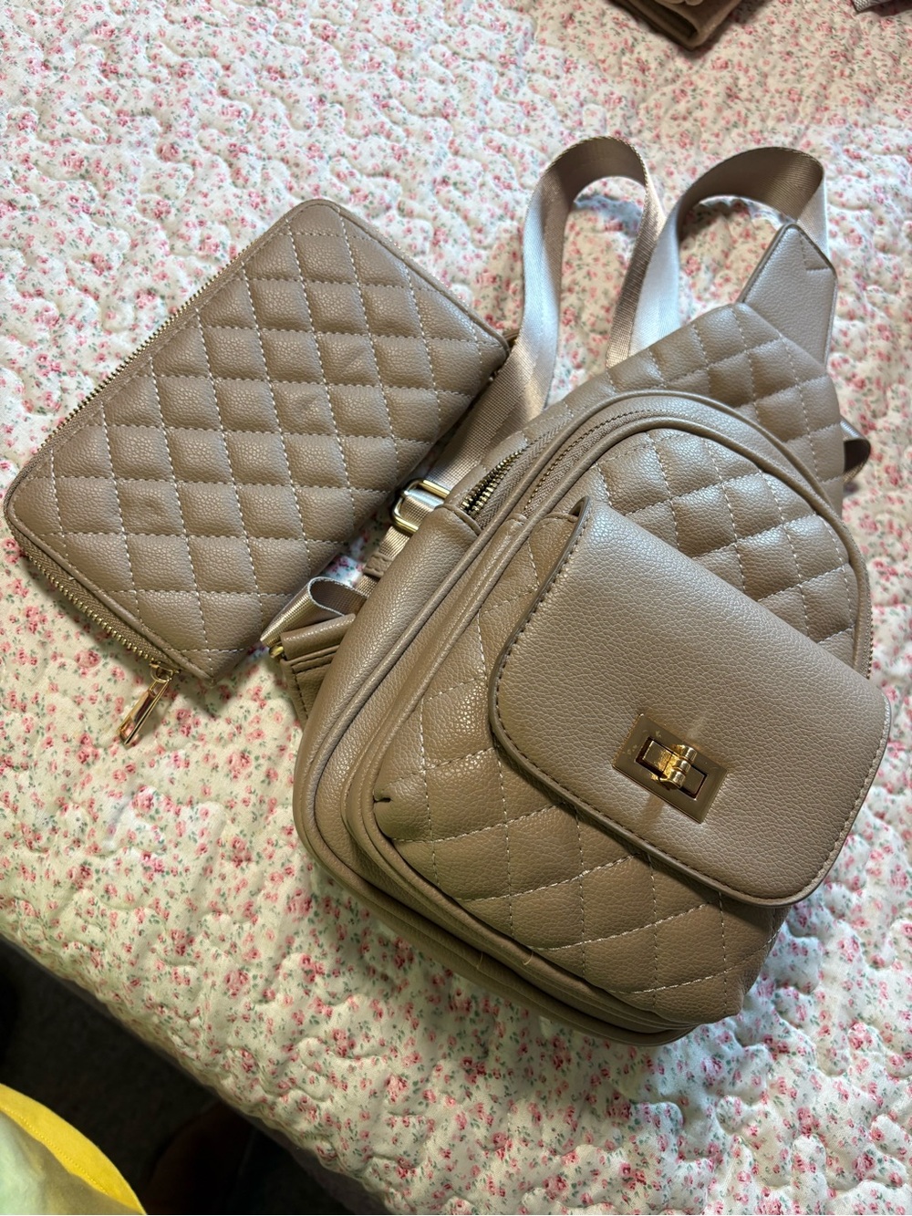 Quilted Taupe Backpack Crossbody with Matching Wallet